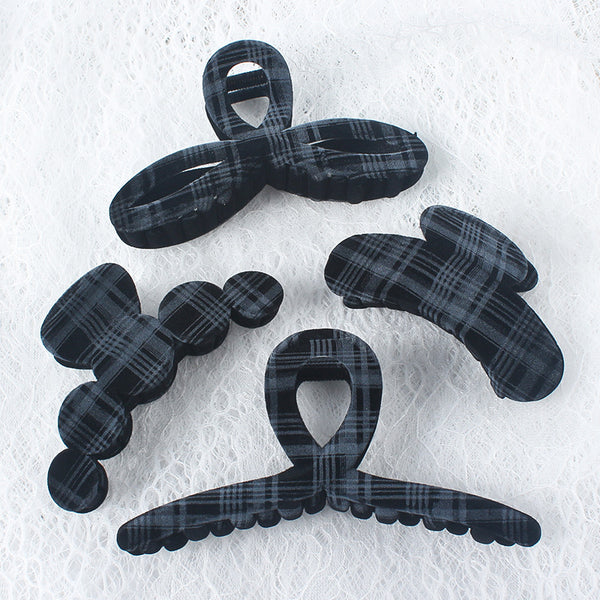 Flocking Printed Plaid Shark Clip Premium Simple Black Large Hairpin Women Hair Grab Headgear Hair Accessories