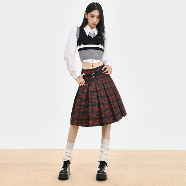 Vintage college plaid JK pleated skirt women autumn and winter red plaid