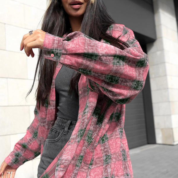 Fashion classic retro 2024 spring and summer washed plaid loose lapel shirt European and American versatile pink shirt wholesale
