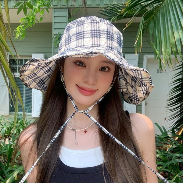 Sun hat big eaves hat plaid bucket hat outdoor sun protection hat simple