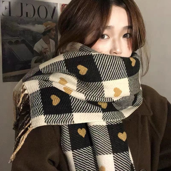 Double-sided love imitation cashmere plaid scarf women winter tassel Korean version retro long shawl scarf