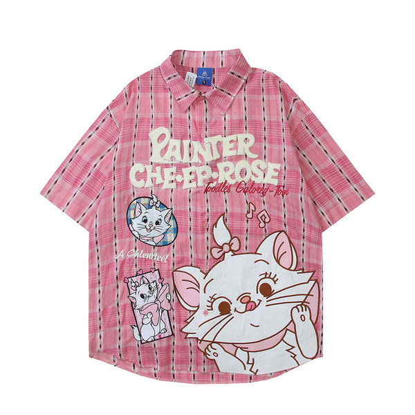 Cartoon embroidered short-sleeved shirt for men and women summer trendy brand college style loose casual couple shirt