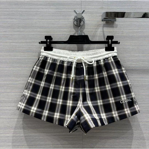 Summer new letter embroidery elastic high waist thin loose casual plaid wide-leg shorts