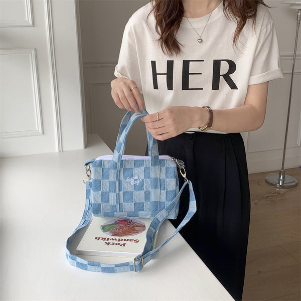 Casual women bag Portable canvas bag Women checkerboard denim messenger bag Portable bento bag