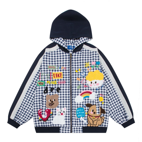 Fun cartoon embroidery plaid contrasting color splicing hooded jacket men's and women's trend loose couple jacket