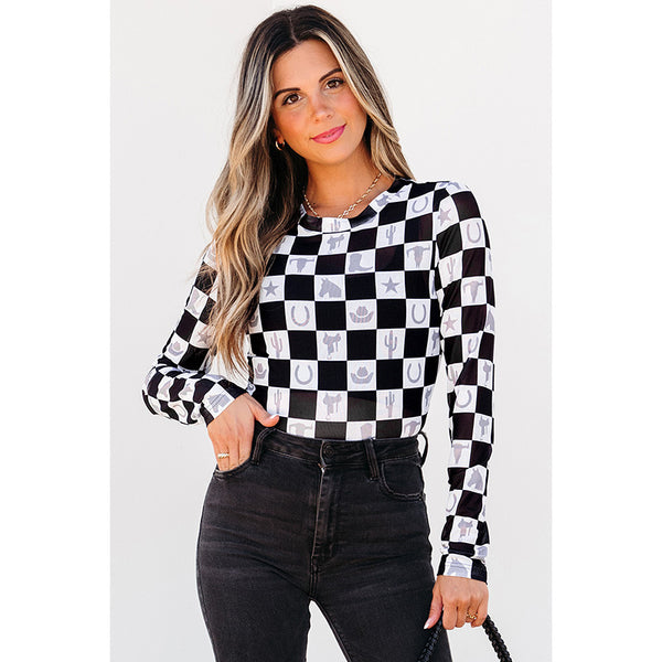 European and American fashion plaid color matching crew neck bottoming shirt women's spring new trend niche slim-fitting long-sleeved T-shirt