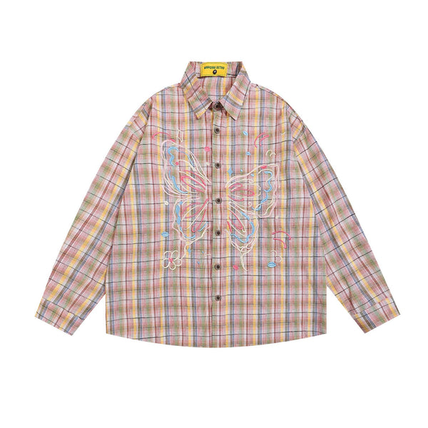 Vintage butterfly embroidered plaid shirt men's and women's long-sleeved shirt versatile couple loose coat