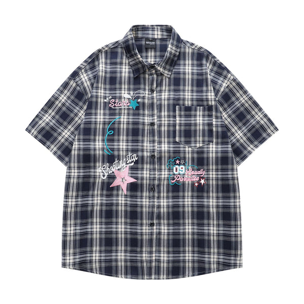 Retro star letter embroidered plaid short-sleeved shirt men's and women's summer versatile loose couple casual shirt