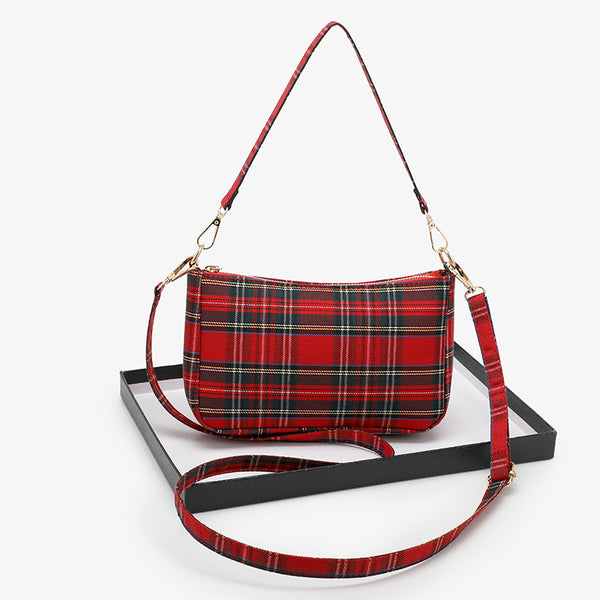 New Internet celebrity plaid baguette armpit bag canvas bag literary retro oblique span shoulder bag