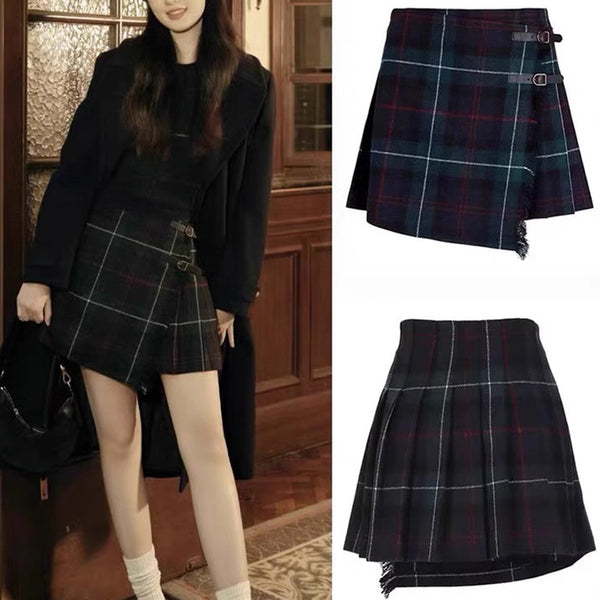 Niche early spring new plaid irregular wrap-up pleated skirt women