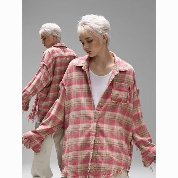 Washed and made old plaid shirt long-sleeved women's new niche retro fringed rough edge design shirt