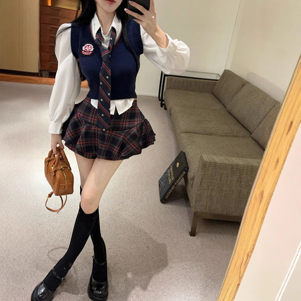 JK uniform suit knitted vest shirt long sleeve plaid vest skirt college three-piece set