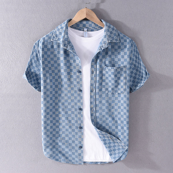 Summer men fashion plaid short-sleeved denim shirt comfortable youth ruffian handsome casual versatile pure cotton new shirt