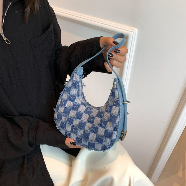 New temperament shoulder bag denim checkerboard messenger bag women baguette bag
