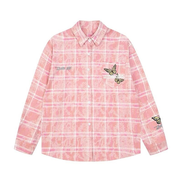 American high street washing water old embroidered shirt jacket men's and women's plaid tide brand spring and autumn couple sunscreen long-sleeved shirt