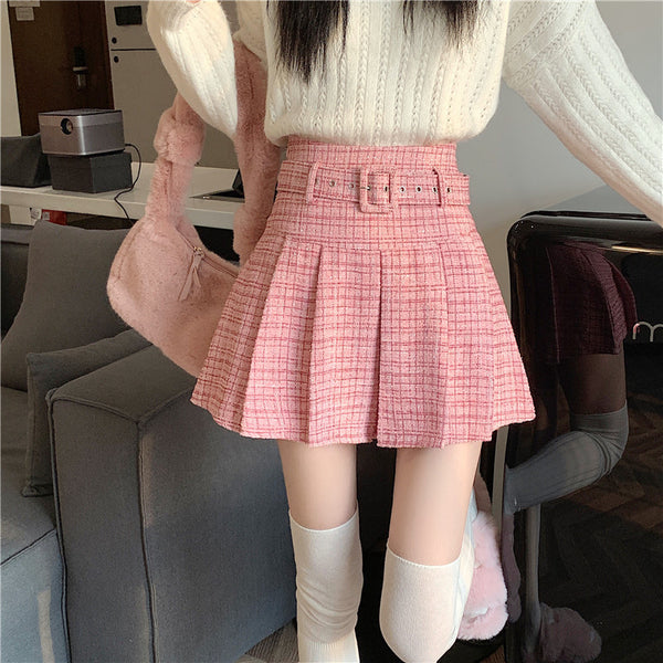 coarse woolen pleated skirt women autumn and winter A-word short skirt white skirt hip wrap
