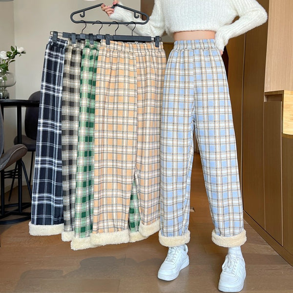 Cross-border foreign trade fleece plaid wide-leg pants women high waist loose and thin winter thickened lamb wool casual thermal pants