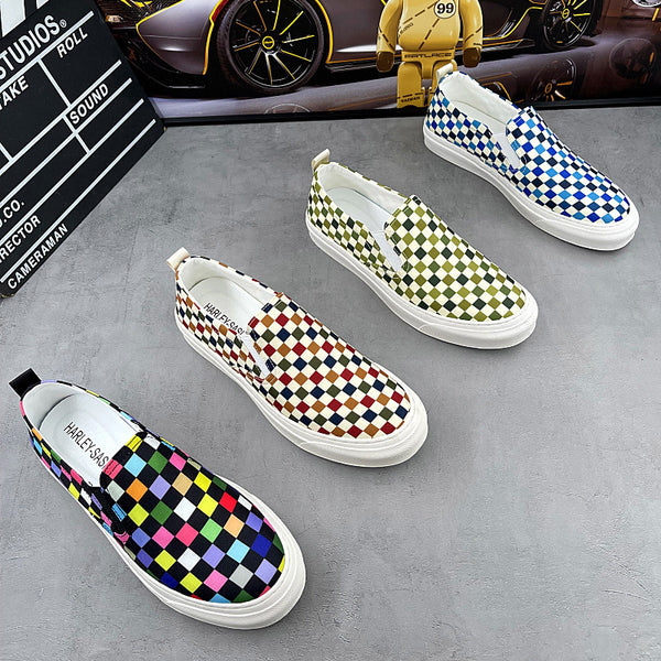 One-pedal canvas shoes men's summer breathable versatile board shoes personalized trendy shoes casual plaid cloth shoes lazy loafers