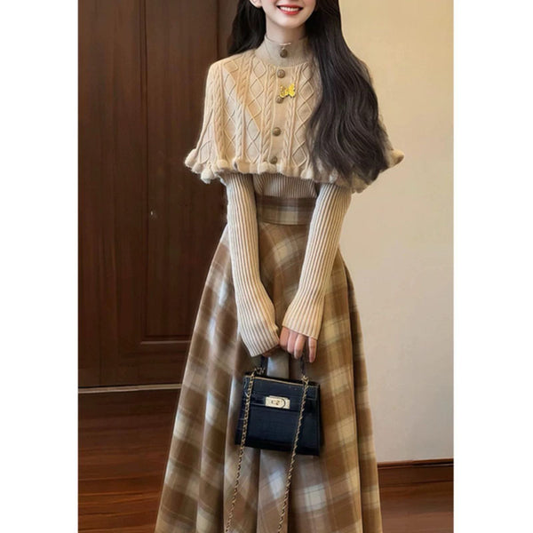 Unique and super good-looking temperament sweater cape top women's plaid half skirt a complete set
