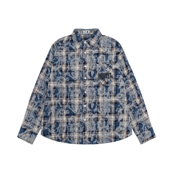 Vintage heavy industry washed tie-dye plaid long-sleeved shirt women's autumn loose casual alphabet printed top tide