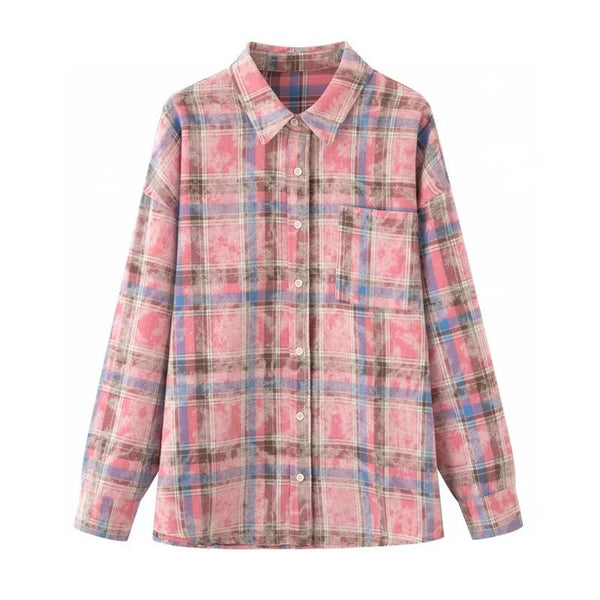 Spring New American Casual Retro Sweet Spice Girl Pink Plaid Shirt Top