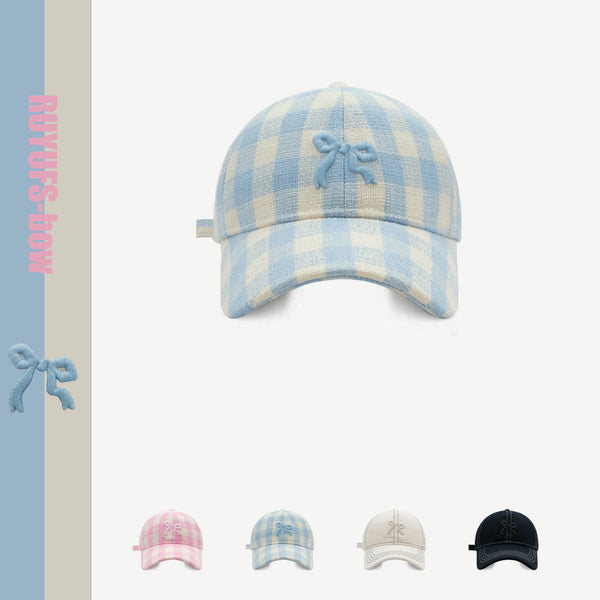 Retro niche bow embroidery plaid cap women spring new sunshade face small baseball cap