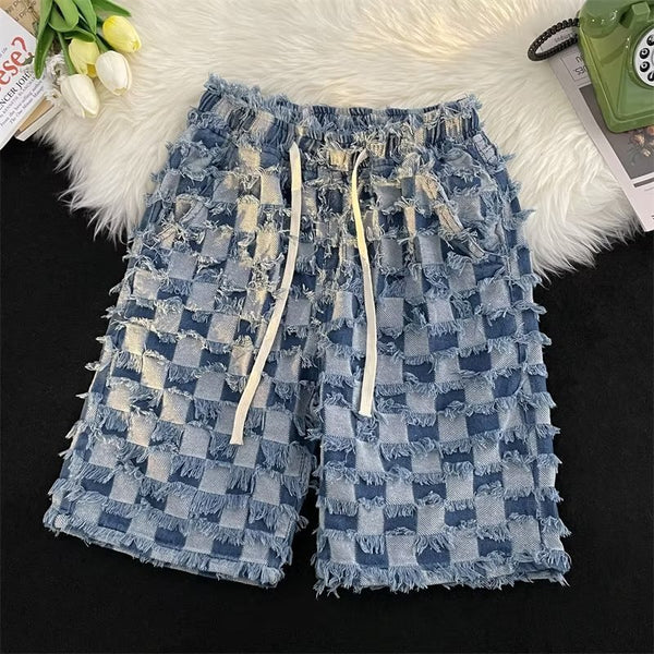 Checkerboard denim shorts men's trend versatile loose five-point pants fashion couple washed casual beach pants summer