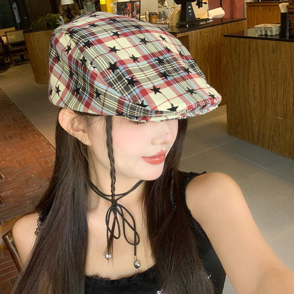 Vintage y2k star plaid forward hat female face small beret versatile big head circumference painter hat