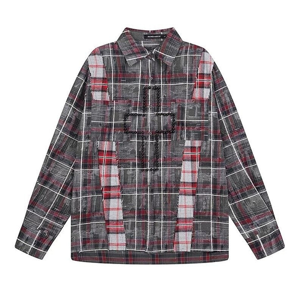 Wasteland style spring new cross pearl punk style tie-dyed plaid shirt long-sleeved top women