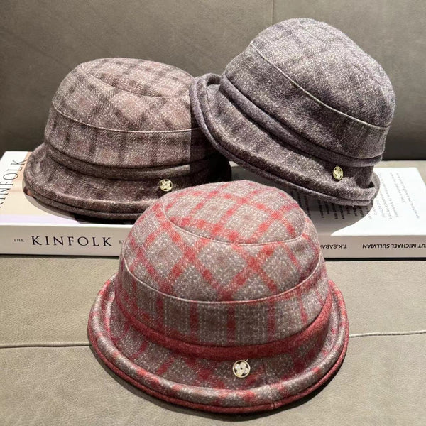 Autumn and winter basin hat bucket hat thick material thermal hat plaid hat