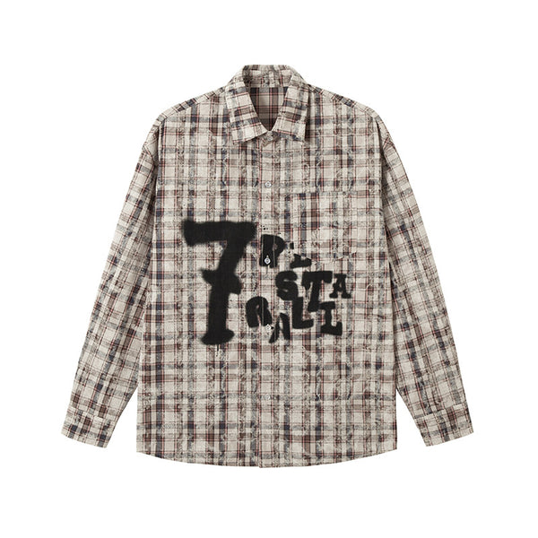 Tie-dye graffiti letter design plaid shirt men's and women's versatile long-sleeved shirt