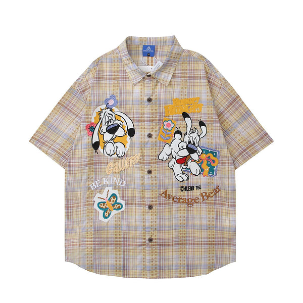 Puppy Embroidered Plaid Short Sleeve Shirt Men's Loose Trend Couple Casual Shirt