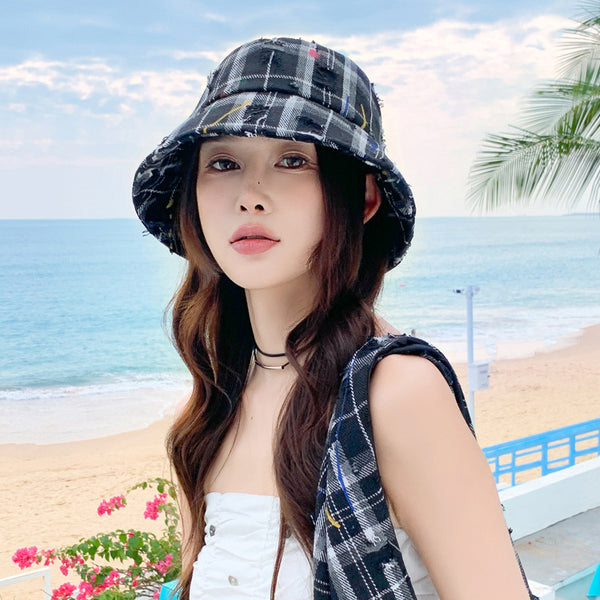 New Japanese ripped plaid bucket hat outdoor travel sun hat