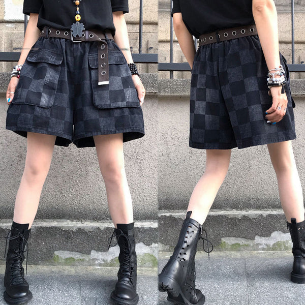 retro plaid denim shorts women summer loose large size casual tooling large pocket wide leg pants tide